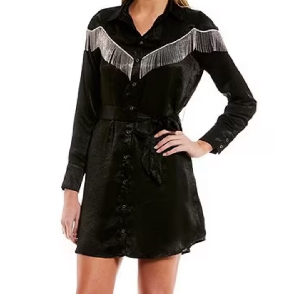 Evolutionary Long Sleeve Fringe Shirt Dress, Size M